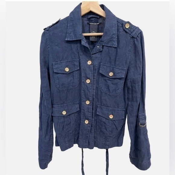Lucky Brand 100% Linnen Button Down With Pockets Navy Blue Jacket Xl